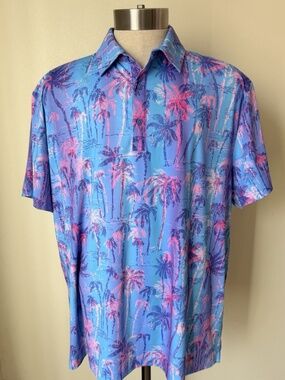 Birdie Bound Short Sleeve Polo Men’s 2XL Tropical Palm Print Golf Stretch